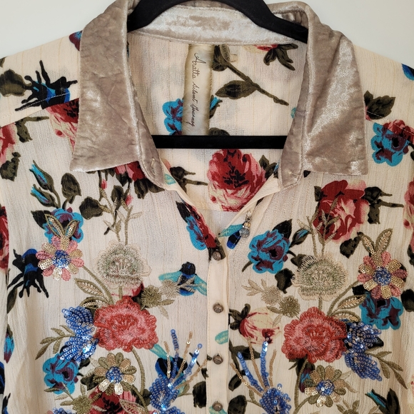 ARATTA Silent Journey Velvet Cream Floral Top Embroidered Sequines Boho Country - Picture 3 of 15